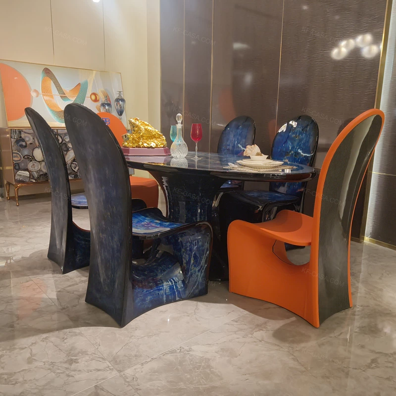 Deep Blue Natural Wood Veneer Oval Dining Table with Art Inlay
